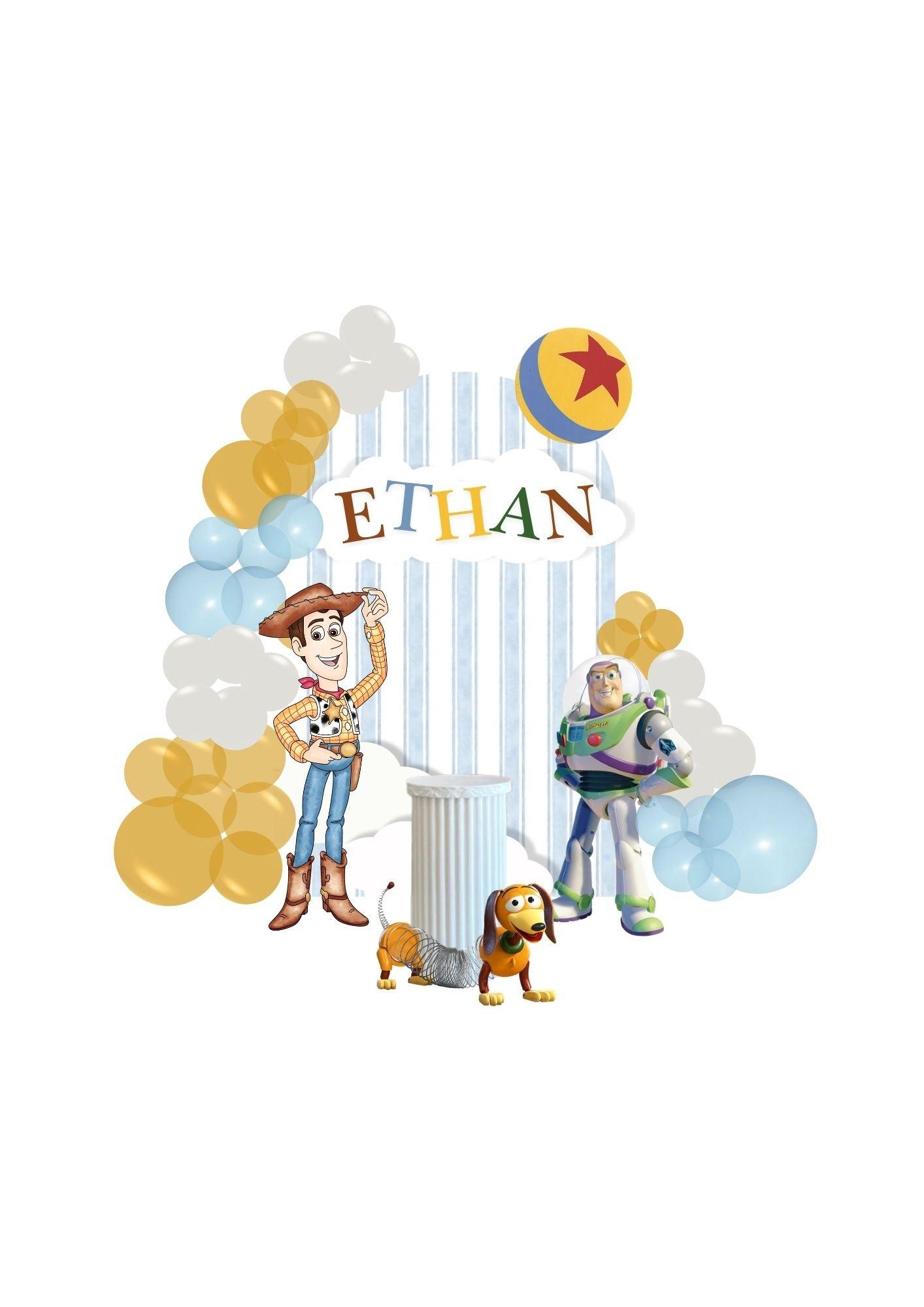 Toy Story themed birthday backdrop with balloons, character cut-outs and a personalised name sign